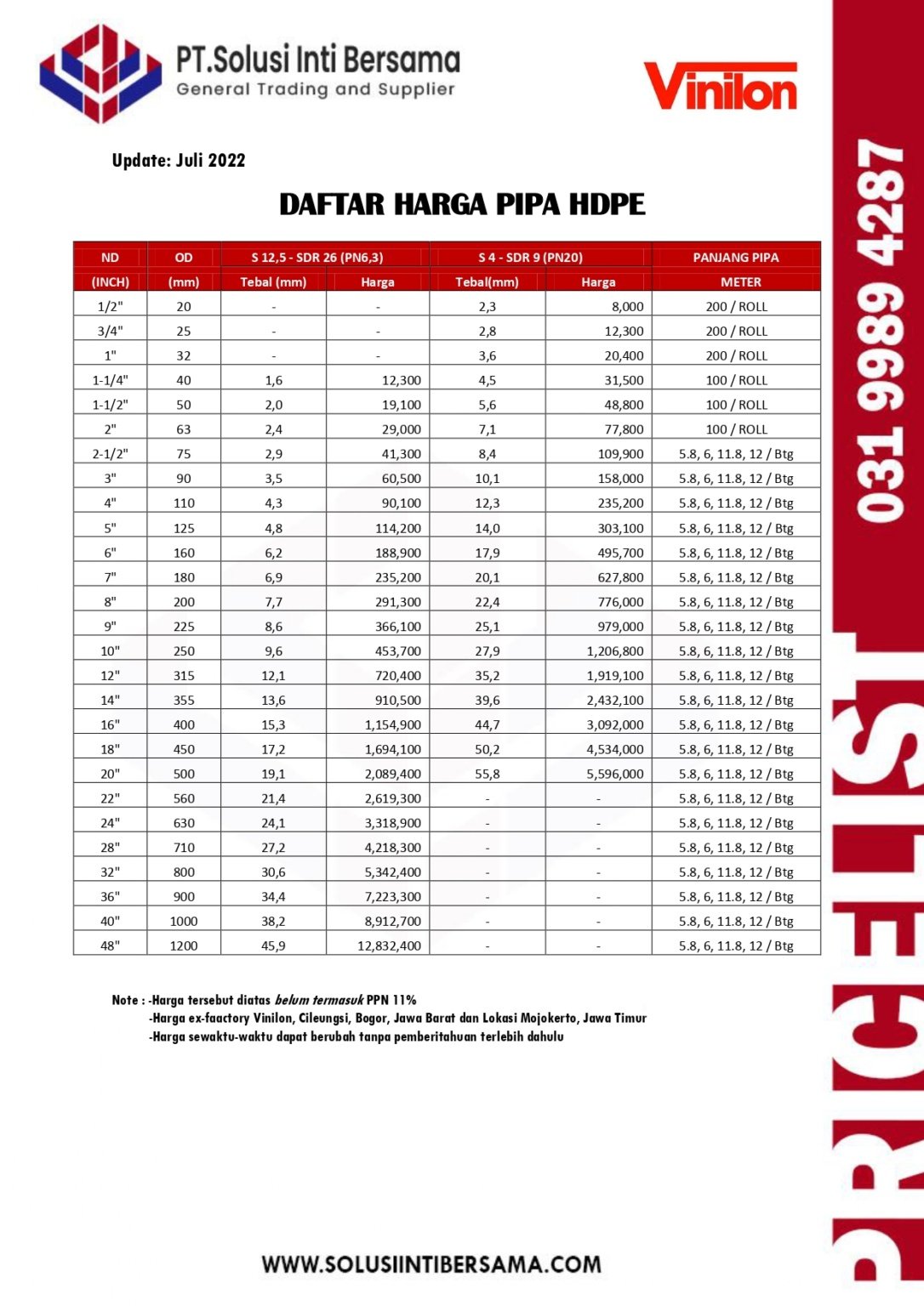 Pusat Pipa HDPE Merek Vinilon Banjarmasin Kalimantan Selatan 2024