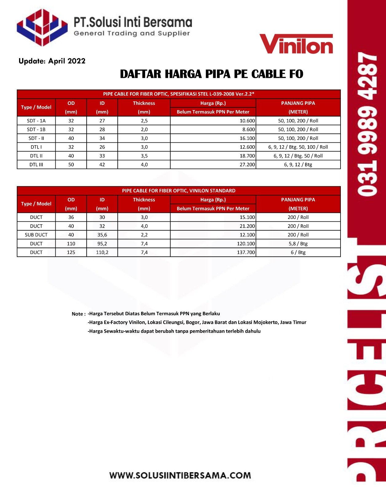 Daftar Harga Pipa Hdpe Fiber Optik Cibinong Ciamis Cianjur Jawa Barat